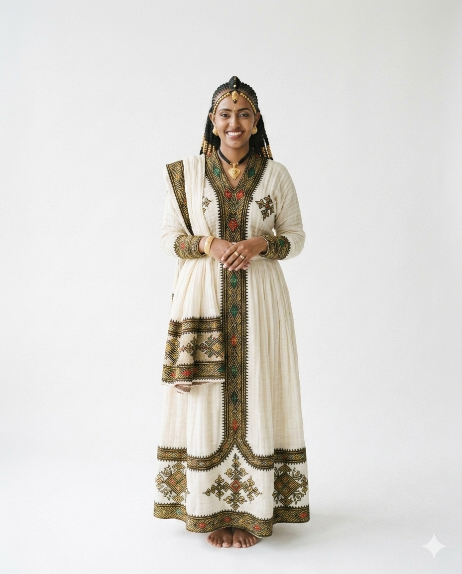 Handwoven Habesha Kemis - Gold Tilet